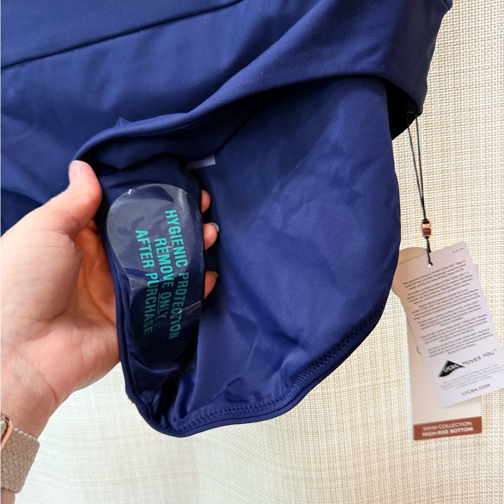 CALIA Wide Banded High Rise High Leg Swim Bottoms Navy Blue Sz L Flattering NWT - Picture 6 of 11